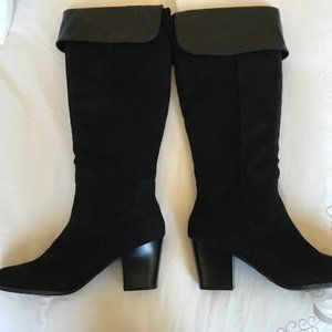 Long black faux suede boots